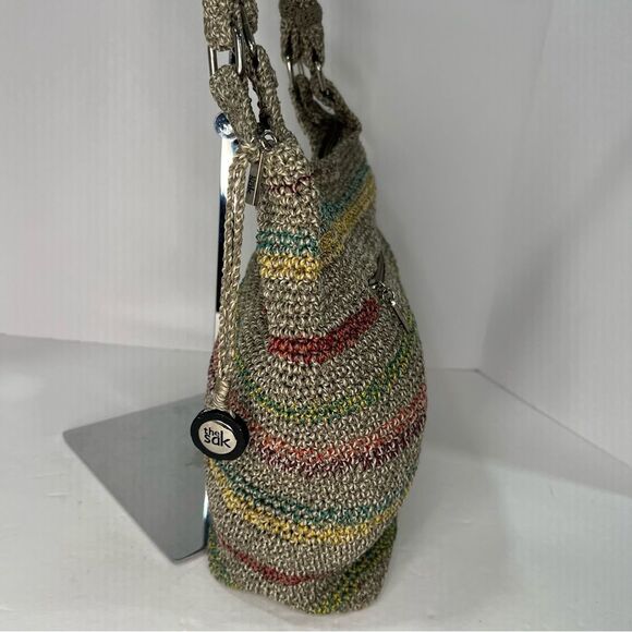 THE SAK Voyager Crochet Gray Stripped Belle Shoulder Tote Bohemian Medium Bag - Picture 4 of 12